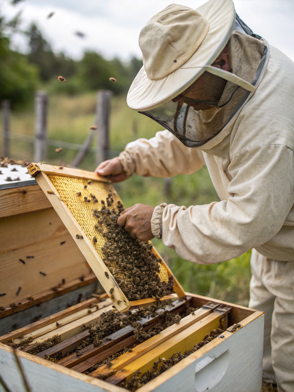 Professional beekeeper performing a live extraction