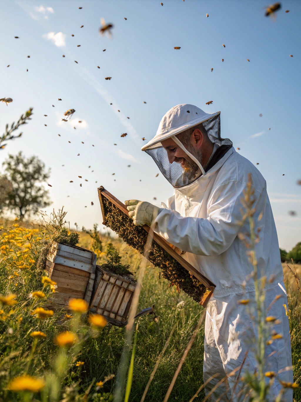 Expert beekeeper in protective gear